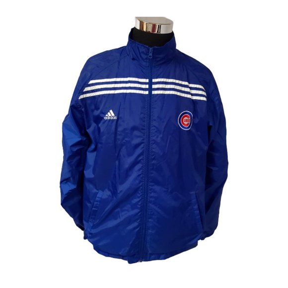 Vtg Adidas Chicago Cubs Men Large Blue Three Stripes Full Zip Windbreaker Jacket - Picture 1 of 13